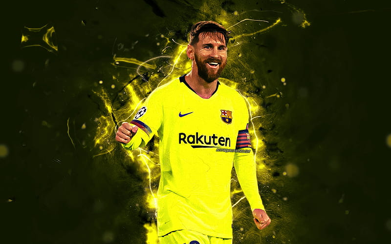 Messi, yellow uniform, goal, Barcelona FC, argentinian footballers, La Liga, Lionel Messi, Barca, soccer, football stars, Leo Messi, neon lights, LaLiga, HD wallpaper