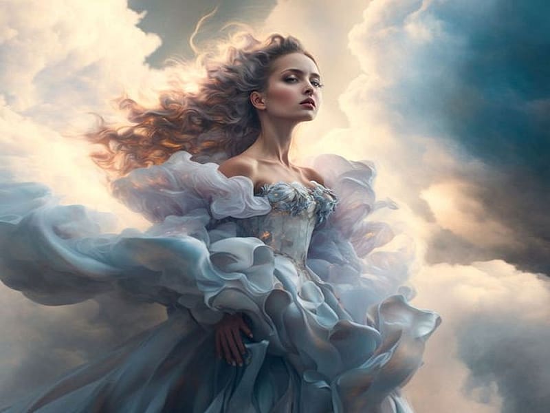 Wind And Clouds Blue Lady 1, clouds, girl, sky, dress, colorful, blue