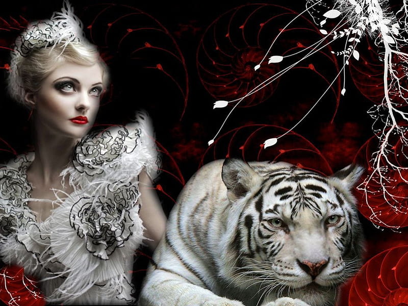 Daring White Fantasy, red, brown, black, tiger, tan, silver, fantasy, girl, white, HD wallpaper