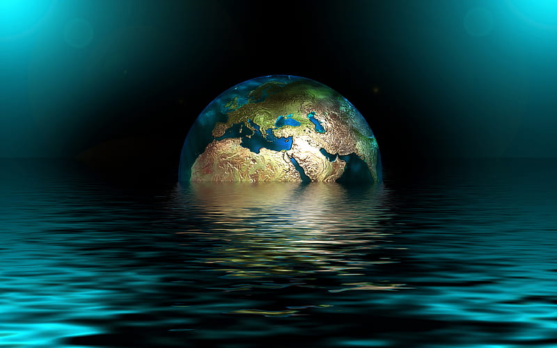 globe in water 3D art, Earth, creative, globe, HD wallpaper