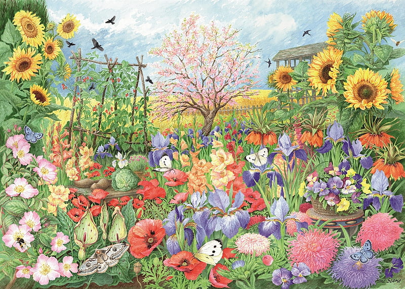 Flowers in Bloom, tree, blooming, flowers, garden, puzzle, jigsaw, HD wallpaper