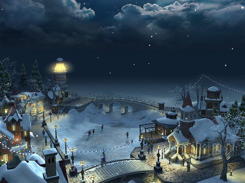Christmas by the Sea, stars, christmas, church, trees, lighthouse, lights, bridge, people, frozen, night, HD wallpaper