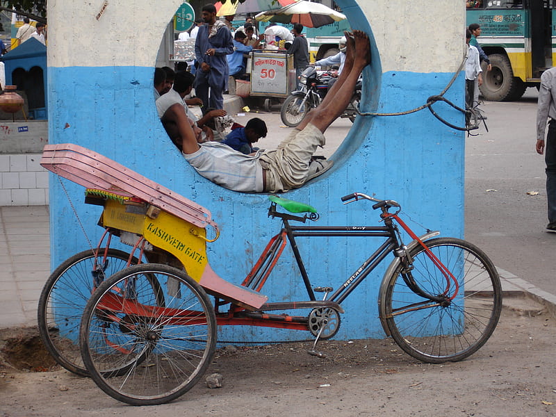 taxi biker on a break, man, bike, sleeping, taxi, HD wallpaper
