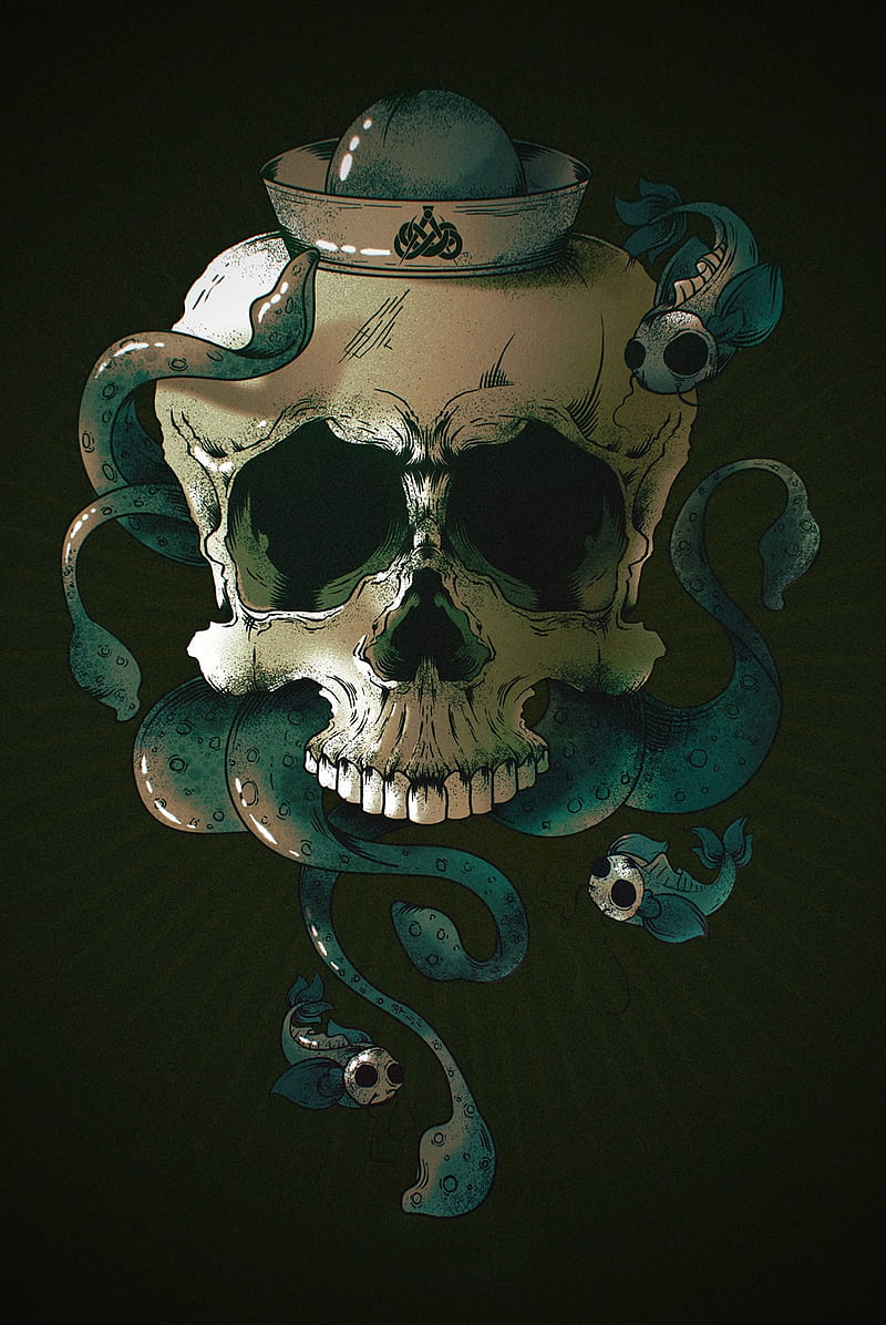 skull, skeleton, fish, art, HD phone wallpaper