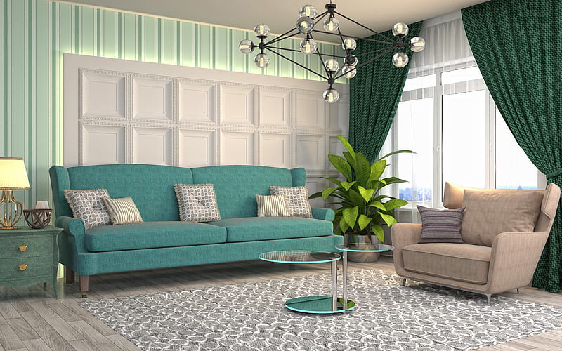 living room, classic interior design, turquoise living room, retro style, stylish interior design, HD wallpaper