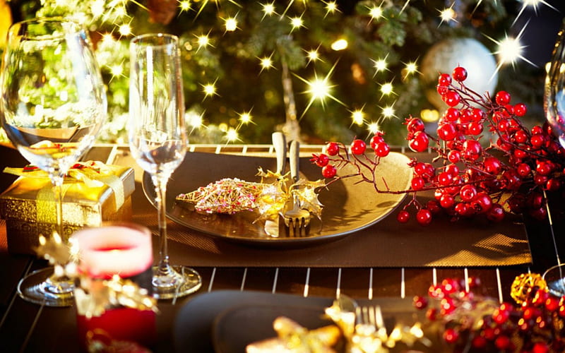 Christmas Dine, Christmas, table, glass, plate, decor, HD wallpaper