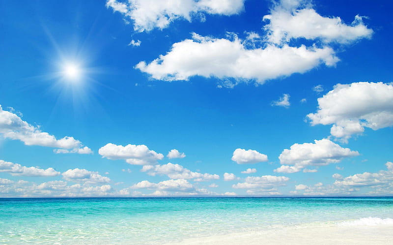 Tropical Beach, summer time, sun, bonito, clouds, sea, beach, sand, splendor, beauty, blue, exotic, lovely, view, ocean, sunlight, sky, sunrays, paradise, rays, peaceful, summer, nature, tropical, HD wallpaper