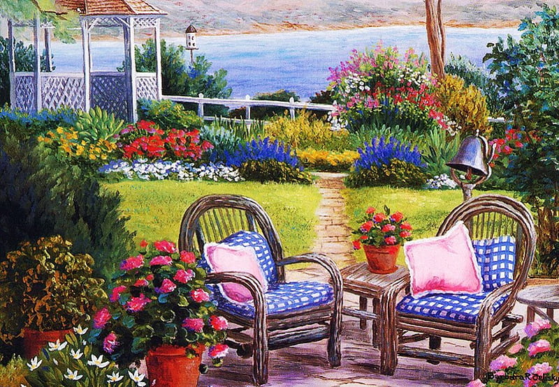 Peaceful Place, water, painting, chairs, flowers, garden, greenroof, gazebo, lake, HD wallpaper