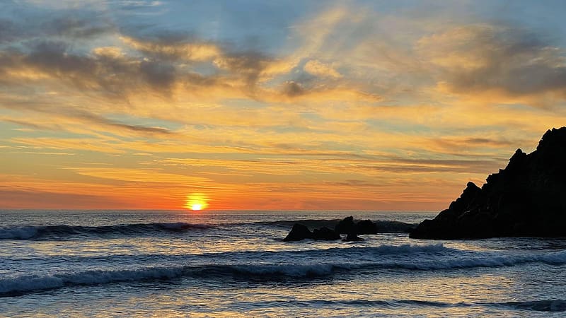 Sunset at Pfeiffer Beach, Big Sur, California, sea, pacific, clouds, colors, sky, rocks, sun, usa, HD wallpaper