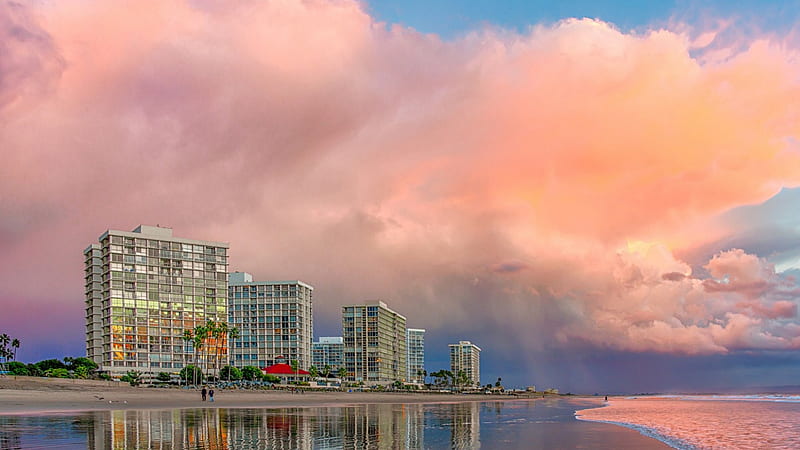 fabulous sky over beach front apartments, beach, city, clouds, sky, sea, HD wallpaper