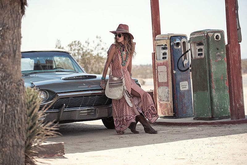 Service Please.., cowgirl, boots, gas pumps, outdoors, women, brunettes, ford, car, girls, thunderdbird, hats, female, models, ranch, fun, fashion, western, style, HD wallpaper