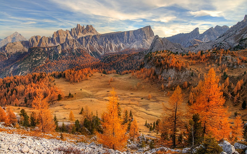mountain landscape, autumn, yellow trees, mountainside, forest, autumn landscape, Cinque Torri, Dolomites, HD wallpaper