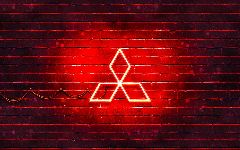 Mitsubishi red logo red brickwall, Mitsubishi logo, cars brands, Mitsubishi neon logo, Mitsubishi, HD wallpaper
