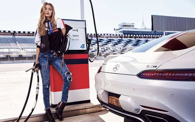 Gigi Hadid, Mercedes-AMG GT S, C190, American supermodel, shoot, refueling car concepts, woman near the car, supercar, HD wallpaper