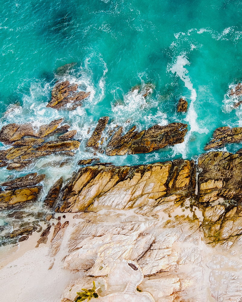 rocks, water, aerial view, sea, waves, HD phone wallpaper