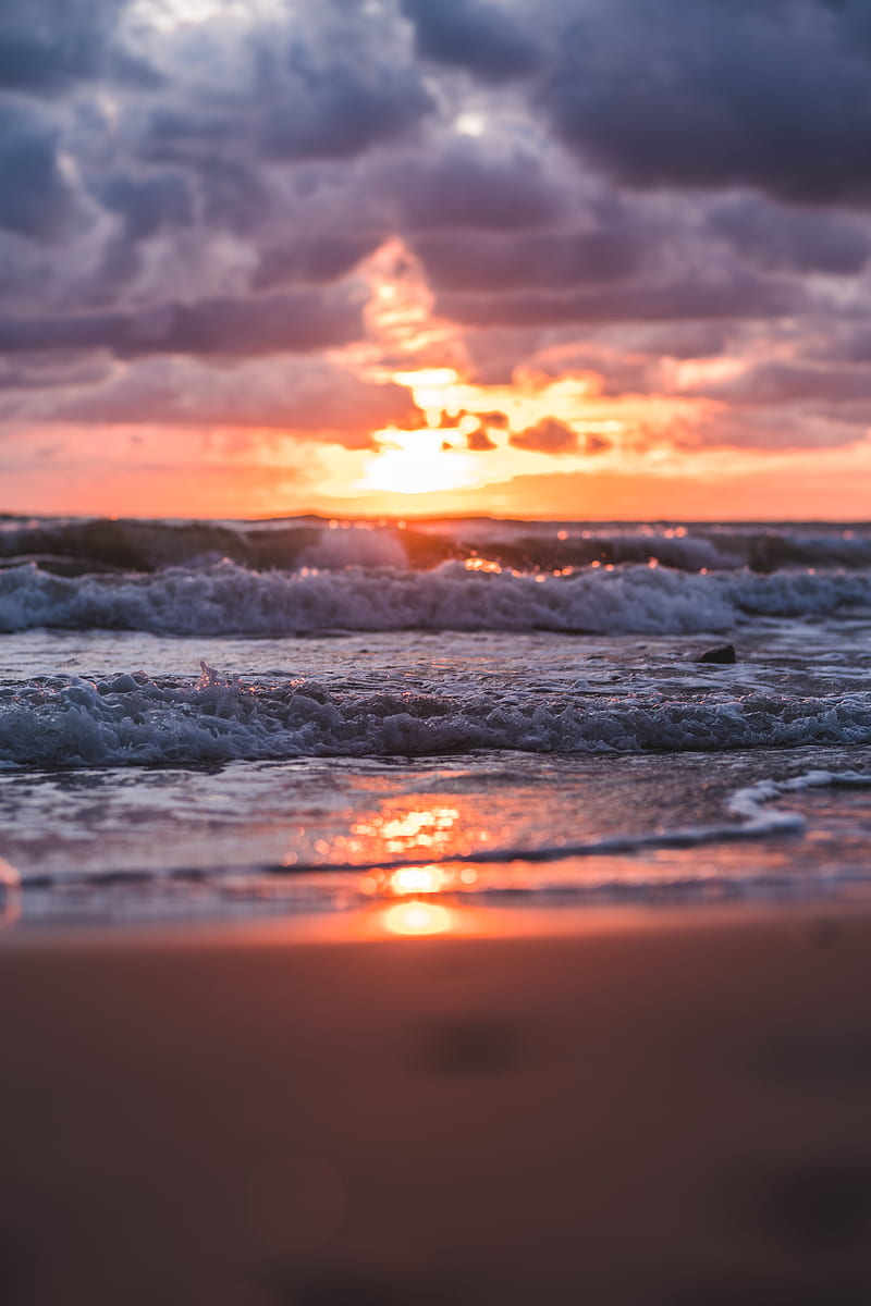sunset, sea, waves, beach, sun, cloud, HD phone wallpaper