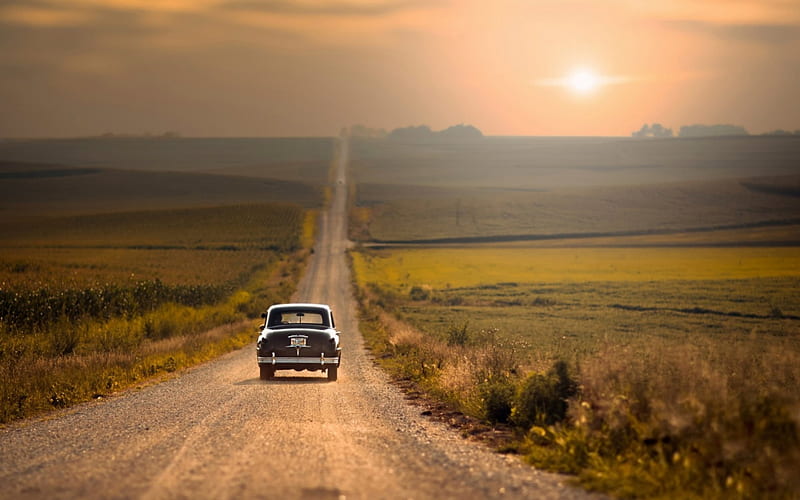 vintage car on a lonely highway, highway, car, fields, sunset, gravel, HD wallpaper