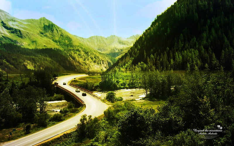 Beyond the Mountains, nature, roads, green, mountains, HD wallpaper