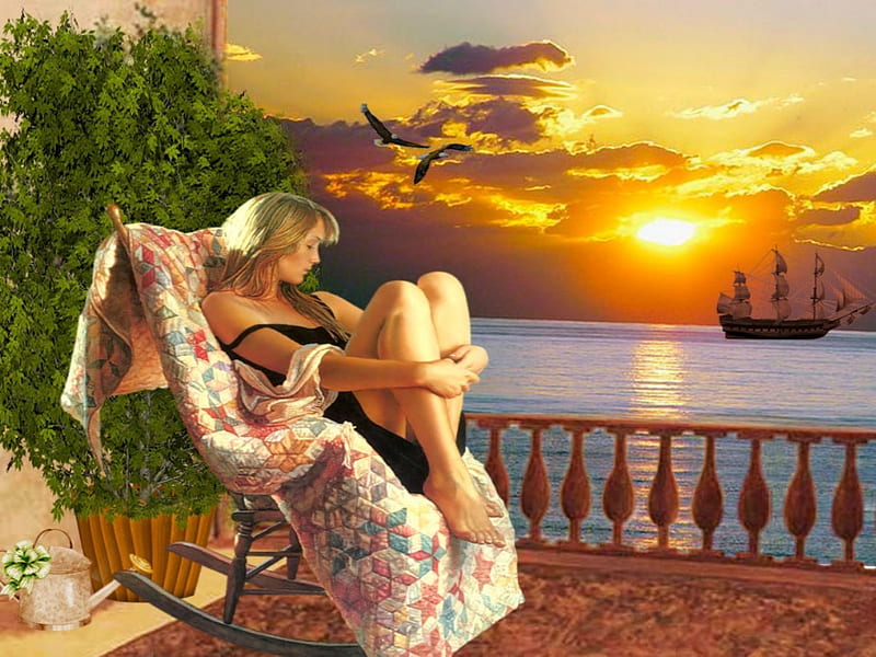 A QUIET DAY, female, ship, rocking chair, ocean, birds, day, sunset, sky, HD wallpaper