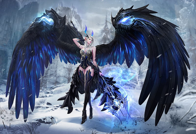 Angel, black, blue, wings, frumusete, luminos, iarna, winter, sts0930, fantasy, girl, ice, HD wallpaper