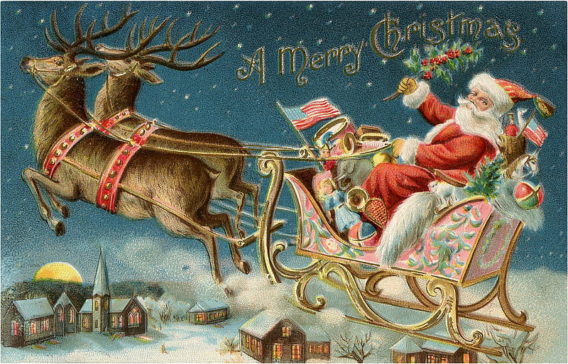 :), craciun, card, vintage, santa, christmas, reindeer, HD wallpaper