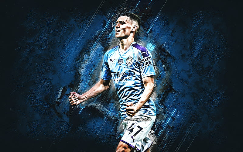 Phil Foden, Manchester City FC, english footballer, midfielder, portrait, blue stone background, football, HD wallpaper
