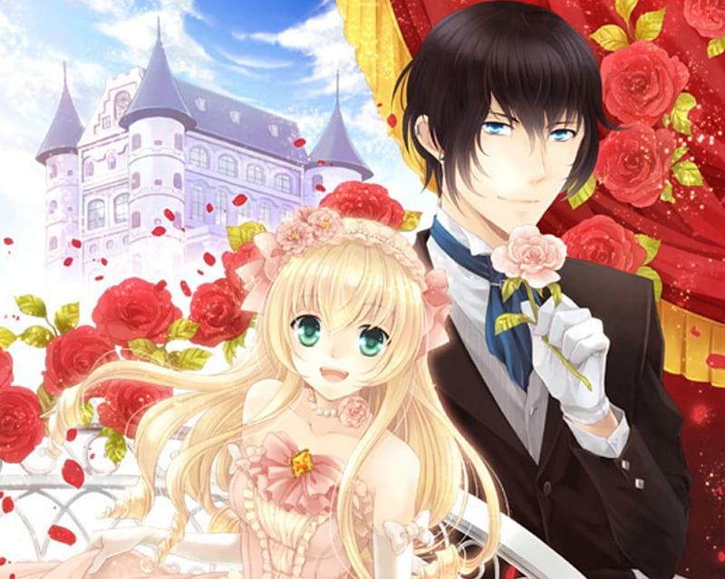 ~: L♡VE :~, pretty, house, green eyes, sweet, floral, nice, love, anime, royalty, handsome, beauty, anime girl, gems, jewel, long hair, romance, gown, blonde, sky, palace, jewelry, short hair, building, lover, scenic, dress, divine, rose, guy, adore, bonito, elegant, blossom, gemstone, scenery, blue eyes, couple, gorgeous, female, cloud, male, romantic, view, brown hair, blonde hair, boy, girl, flower, petals, castle, scene, HD wallpaper