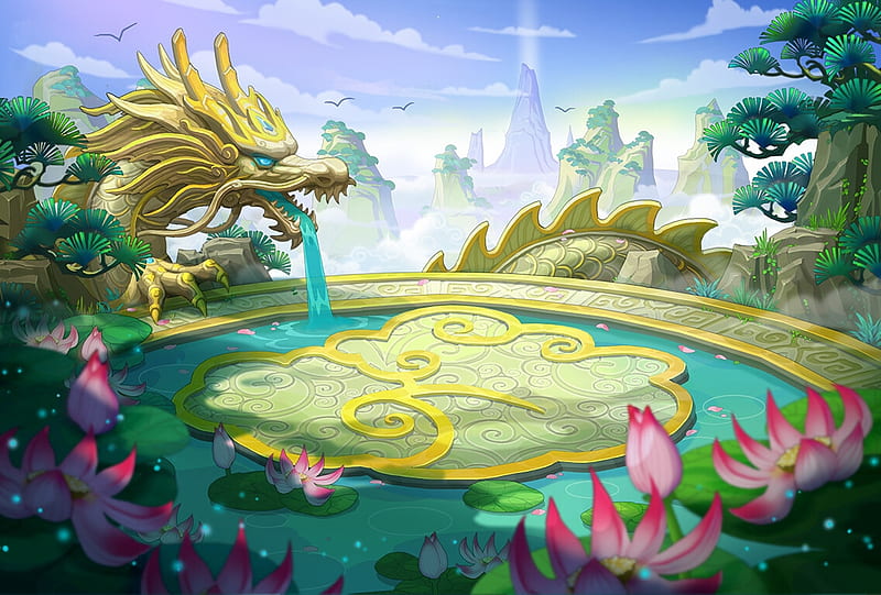 Dragon fountain, blue, fountain, shunhua ye, lotus, yellow, dragon, water, fantasy, vara, flower, summer, pink, HD wallpaper
