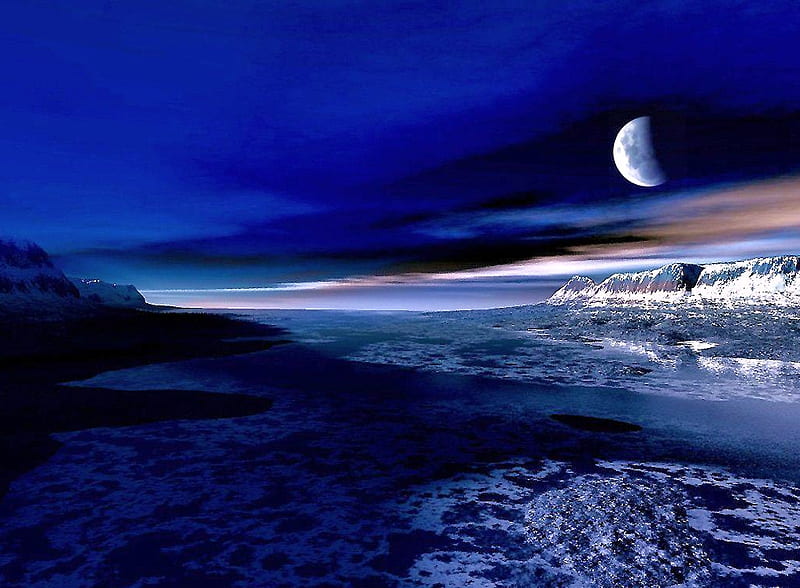 Moonlight silver, eart, foam, waves, sky, clouds, moon, 3d, water, half, mountains, moonscape, dark, shadows, moonlight, blue, night, HD wallpaper