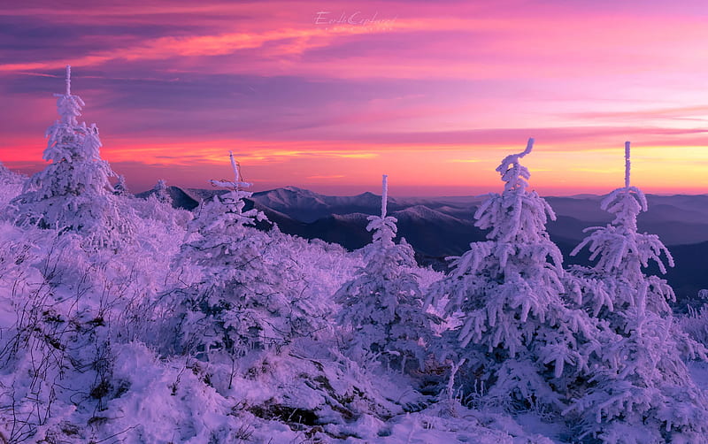 Blue Ridge mountain winter scape in North Carolina, usa, snow, colors, sunset, trees, clouds, sky, HD wallpaper