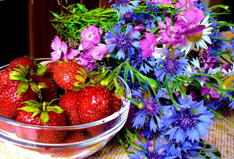 Early summer, red, pretty, colorful, fruits, bonito, still life, nice, yummy, flowers, strawberries, beauty, lovely, early, fresh, spring, delicate, freshness, bouquet, berries, summer, nature, gifts, field, HD wallpaper