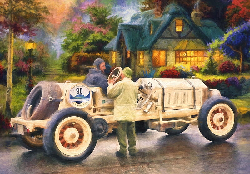 Oldtimers, cottage, people, car, painting, evening, trees, artwork, lights, HD wallpaper