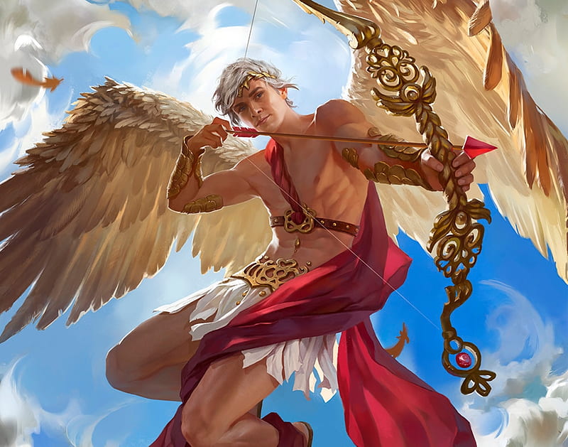 Cupid, red, wings, angel, grafit studio, valentine, man, sky, feather, archer, blue, HD wallpaper