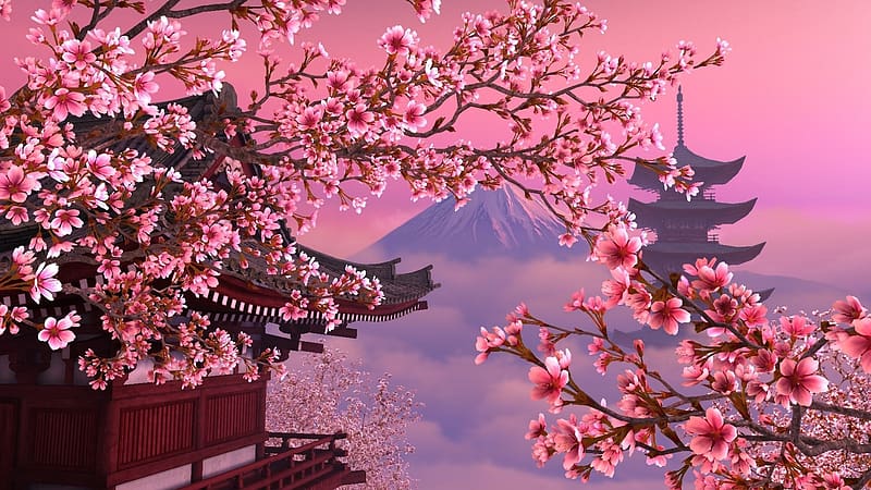 Sakura, Pagoda, Artistic, Japanese, Cherry Blossom, HD wallpaper
