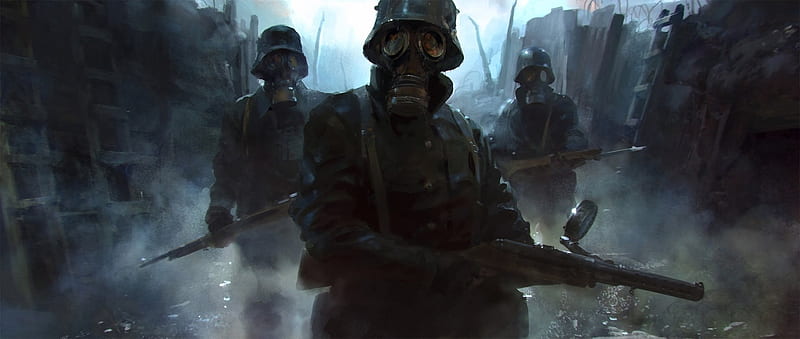 Soldier, gas mask, guerra, trench, gun, HD wallpaper