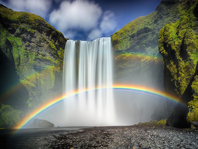 Waterfalls, Rainbow, Waterfall, , Moss, Skógafoss, HD wallpaper
