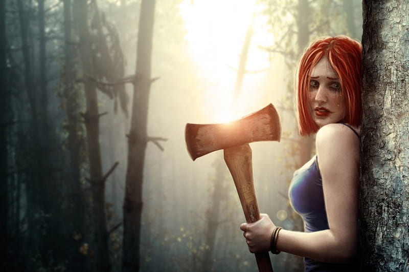 victim, artistic, forest, 3d and cg, trees, women, crying, painting, sad, hatchet, HD wallpaper