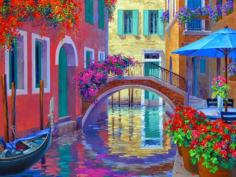 A touch of romance, pretty, canal, bonito, countryside, nice, bridge, painting, flowers, reflection, art, lovely, romance, touch, town, Venice, water, summer, gondola, HD wallpaper