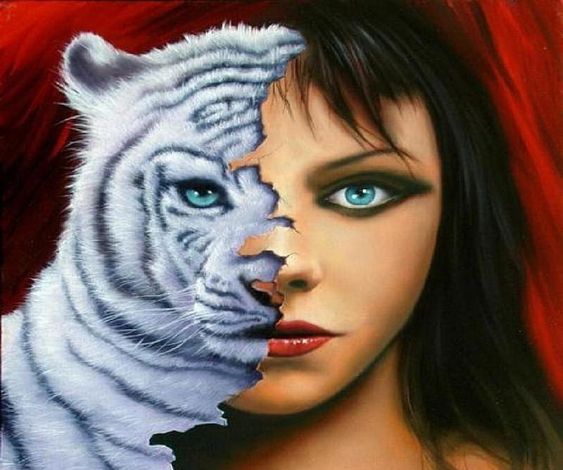 tiger girl, pretty, fantasy, girl, wild, tiger, HD wallpaper