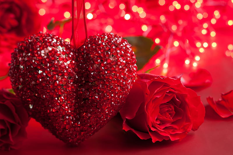 Red Roses & Heart, flowers, glow, roses, heart, HD wallpaper