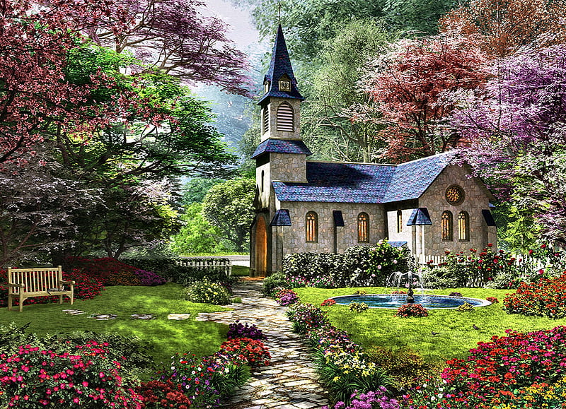 Blooming Garden Church F2C, architecture, art, fountain, religious, bonito, spring, church, artwork, painting, wide screen, chapel, scenery, HD wallpaper