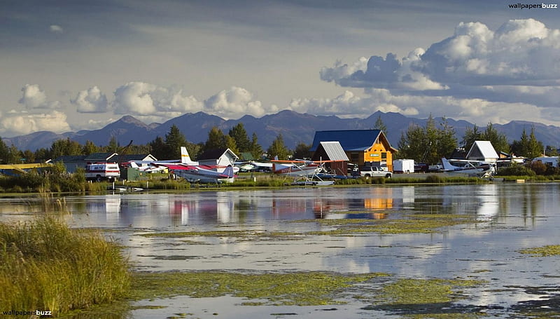 Lake Hood Seaplane Base, Anchorage, Alaska, hood, alaska, nature, seaplane, clouds, lake, HD wallpaper