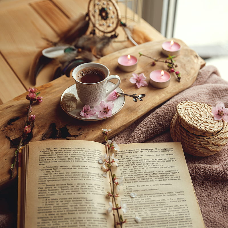 cup, book, flowers, cocoa, drink, candles, HD phone wallpaper