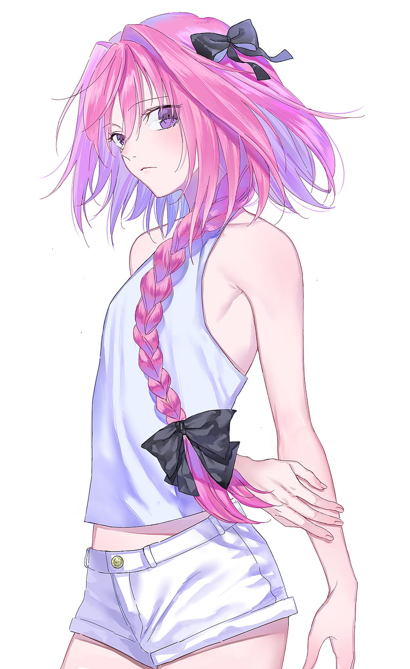 Fate/Apocrypha , Fate Series, FGO, short shorts, jean shorts, arms behind back, french braid, femboy, bangs, sleeveless shirt, white t-shirt, thighs, belly, curvy, black ribbons, anime boys, simple background, purple eyes, long hair, pink hair, vertical, Astolfo (Fate/Apocrypha), 2D, anime, blushing, side view, casual, alternate outfit, armpits, pink nails, fan art, looking at viewer, nipi27, Fate/Grand Order, HD phone wallpaper