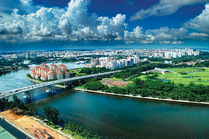 Garden City Singapore, highway, marina bay, condos, bridge, garden, river, clouds, sky, HD wallpaper