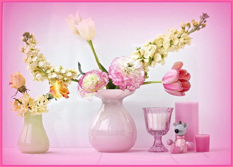 Pretty in Pink, white roses, vase, roses, doll, candles, glass, vases, mouse, flowers, pink, tulip, HD wallpaper