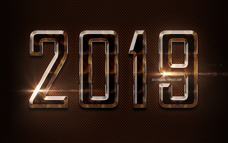 2019 brown glass digits, Happy New Year 2019, brown metal background, 2019 glass art, 2019 concepts, neon lights, 2019 on brown background, 2019 year digits, HD wallpaper