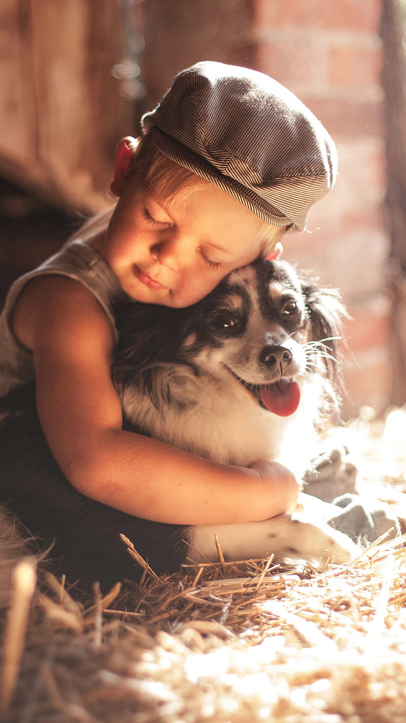 Boy Hugging Dog , cute, child, animals, HD phone wallpaper