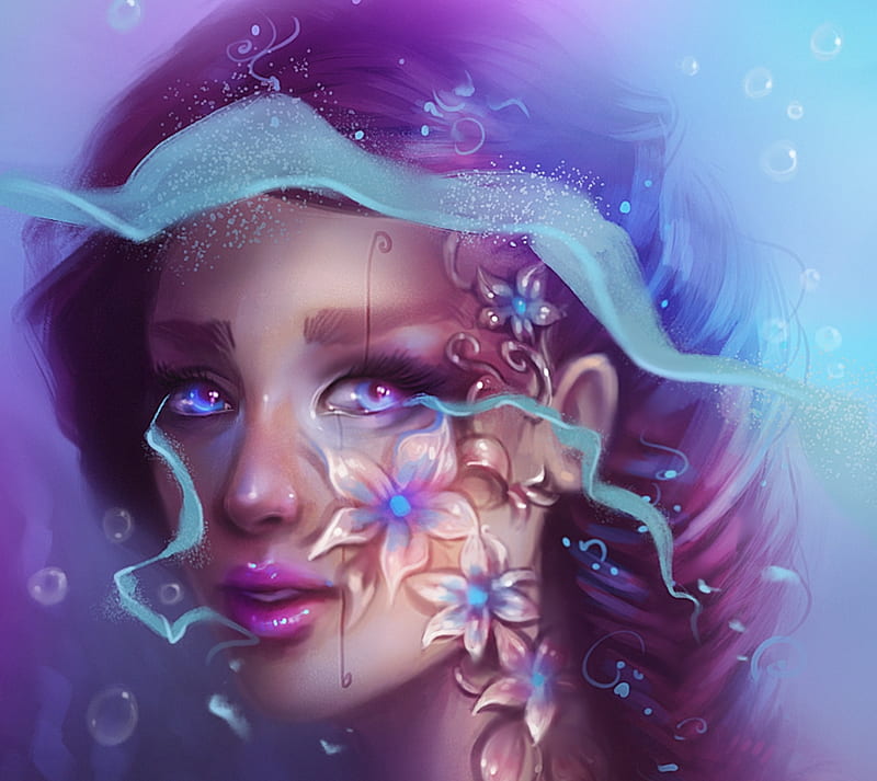 Into the blue, luminso, water, girl, flower, summer, face, sandramalie, pink, blue, HD wallpaper