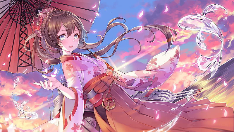 anime girl, japanese clothes, sunset, scenic, sakura petals, fish, Anime, HD wallpaper